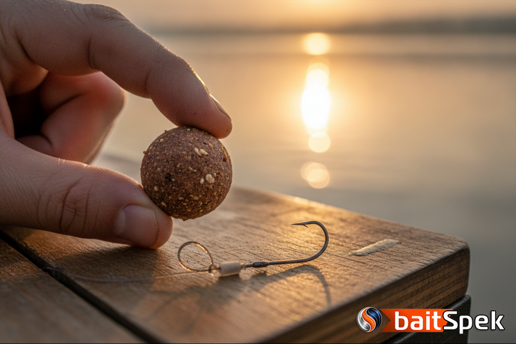 Professional macro shot of BaitSpek Boilie being applied to a fishing boil