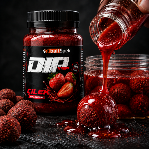Professional macro shot of BaitSpek Strawberry DIP Trigger being applied to a fishing boilie for glugging effect.